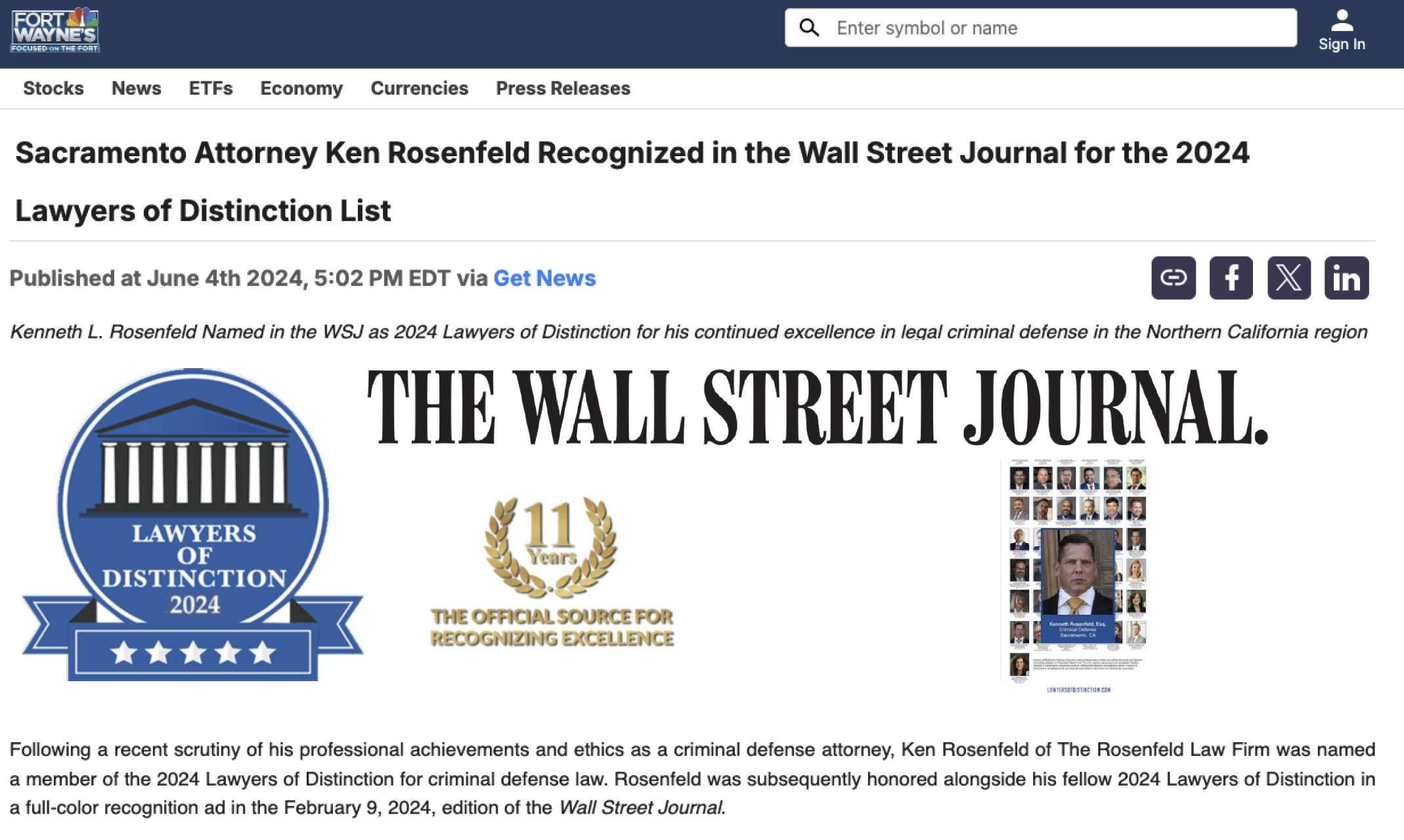 Kenneth Rosenfeld | 2024 WSJ Lawyers of Distinction | California Criminal Defense Attorney